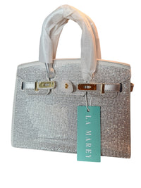 Silver Rhinestone Embellished Satchel Handbag with Gold Hardware