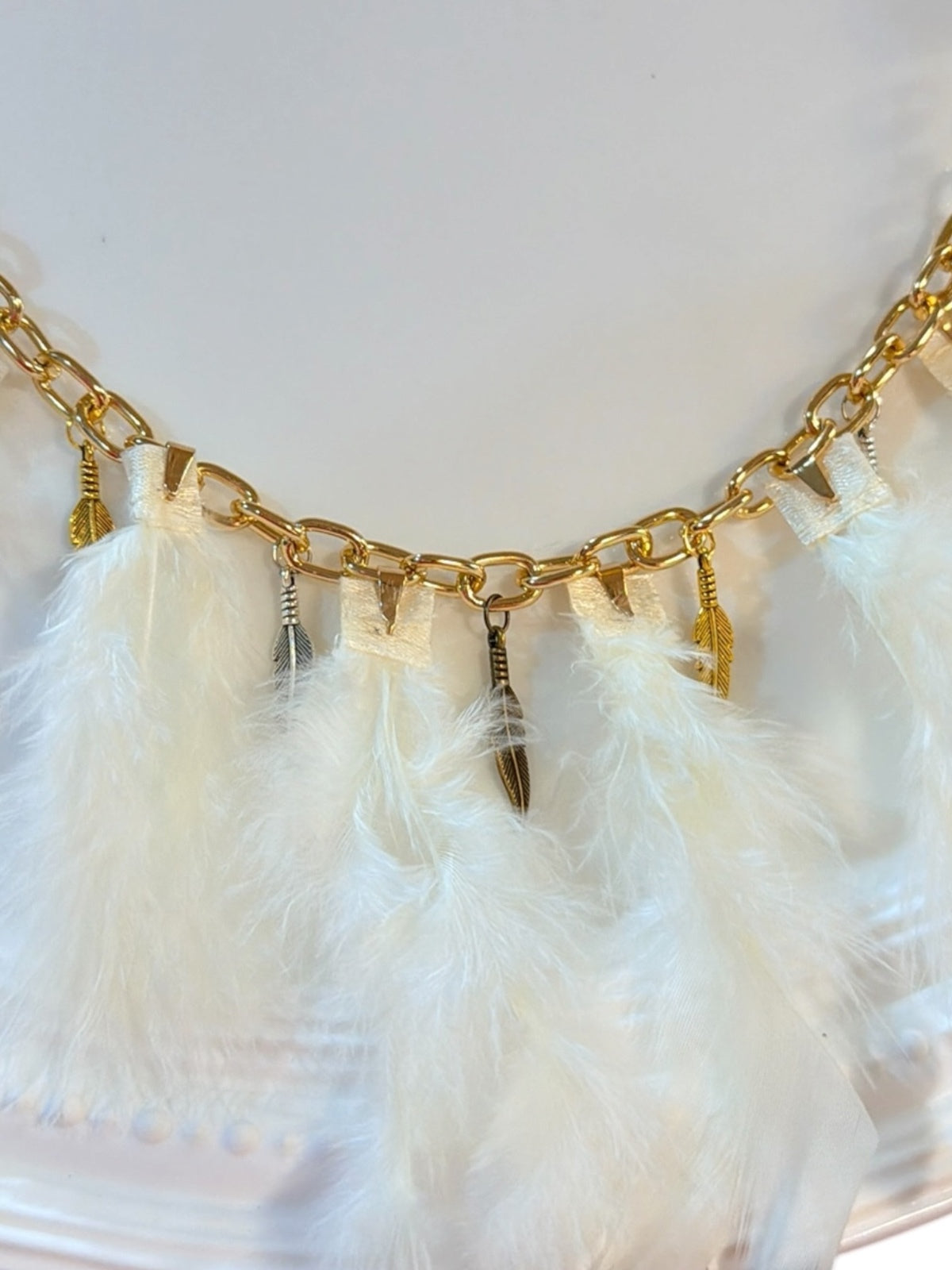 Boho Feather Handbag Purse Charm Chain Gold Tone