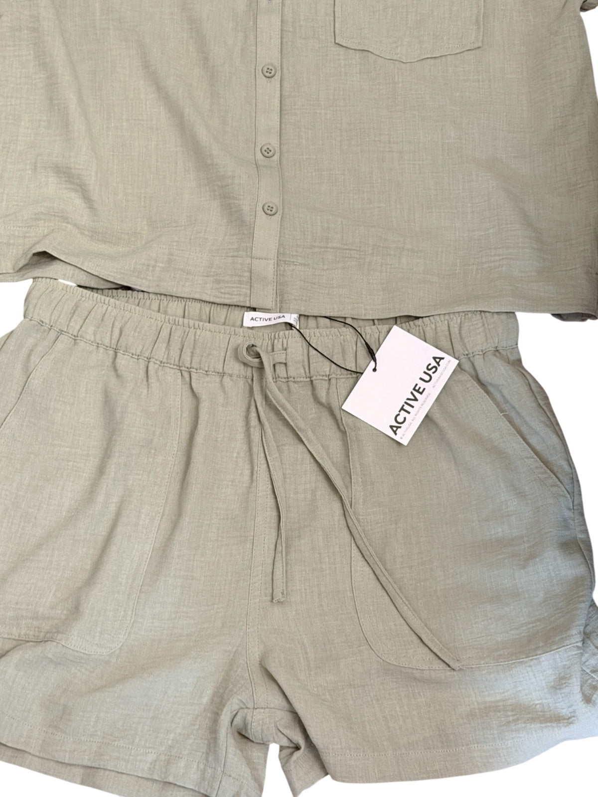 Active USA Two-Piece Button-Up Shirt and Elastic Waist Shorts Set in Sage Green,