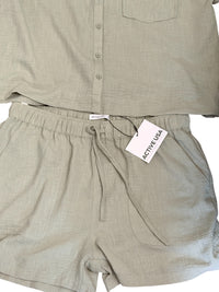 Active USA Two-Piece Button-Up Shirt and Elastic Waist Shorts Set in Sage Green,