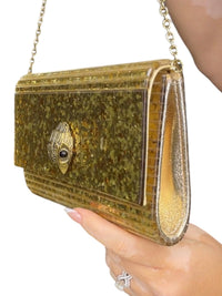 Kurt Geiger London Gold Glitter Acrylic Eagle Head Crossbody Clutch NWOT
