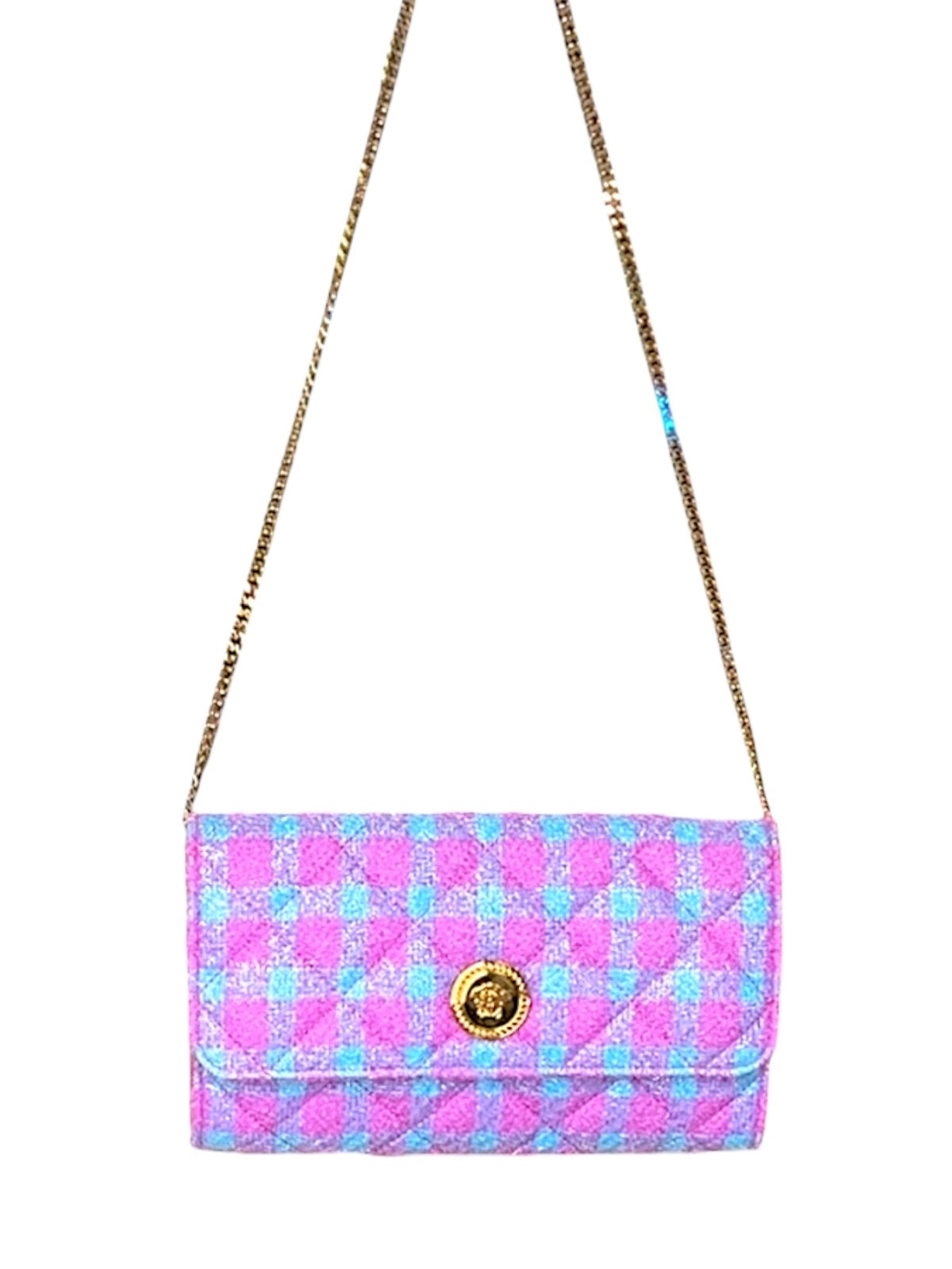 Versace La Medusa Bouclé Quilted Tweed Wallet on Chain Pink Blue Gold Crossbody