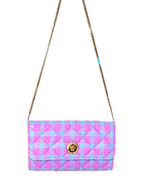 Versace La Medusa Bouclé Quilted Tweed Wallet on Chain Pink Blue Gold Crossbody