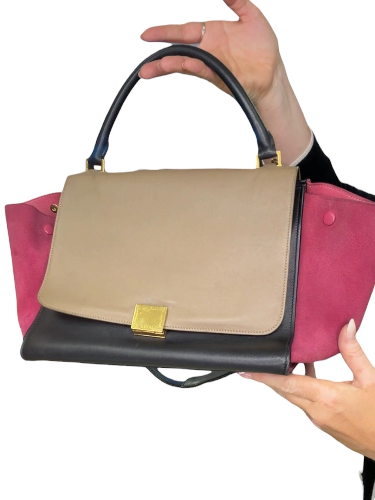 Celine Trapeze Medium Tricolor Leather & Suede Satchel Bag Black Taupe