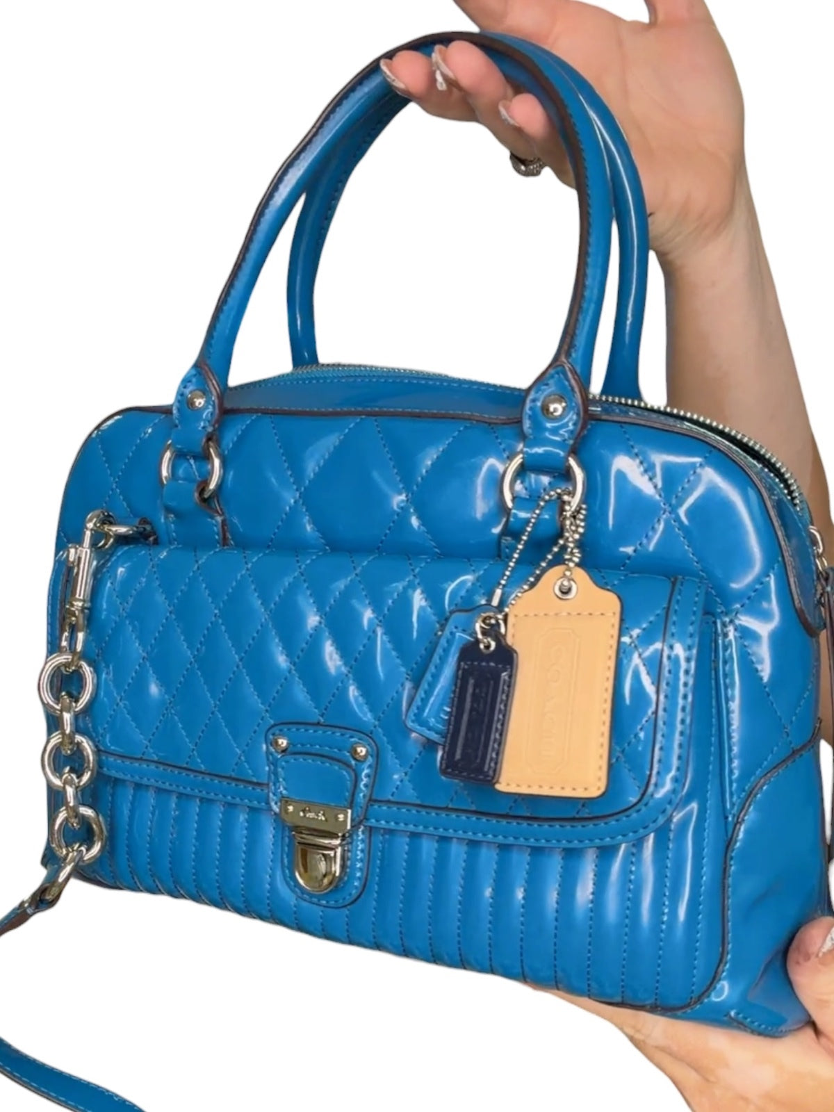 Coach Blue Quilted Patent Leather Satchel Bag with Chain Strap