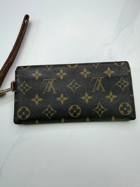 Louis Vuitton Vintage Monogram Canvas Long Wallet Wristlet Brown Gold Hardware