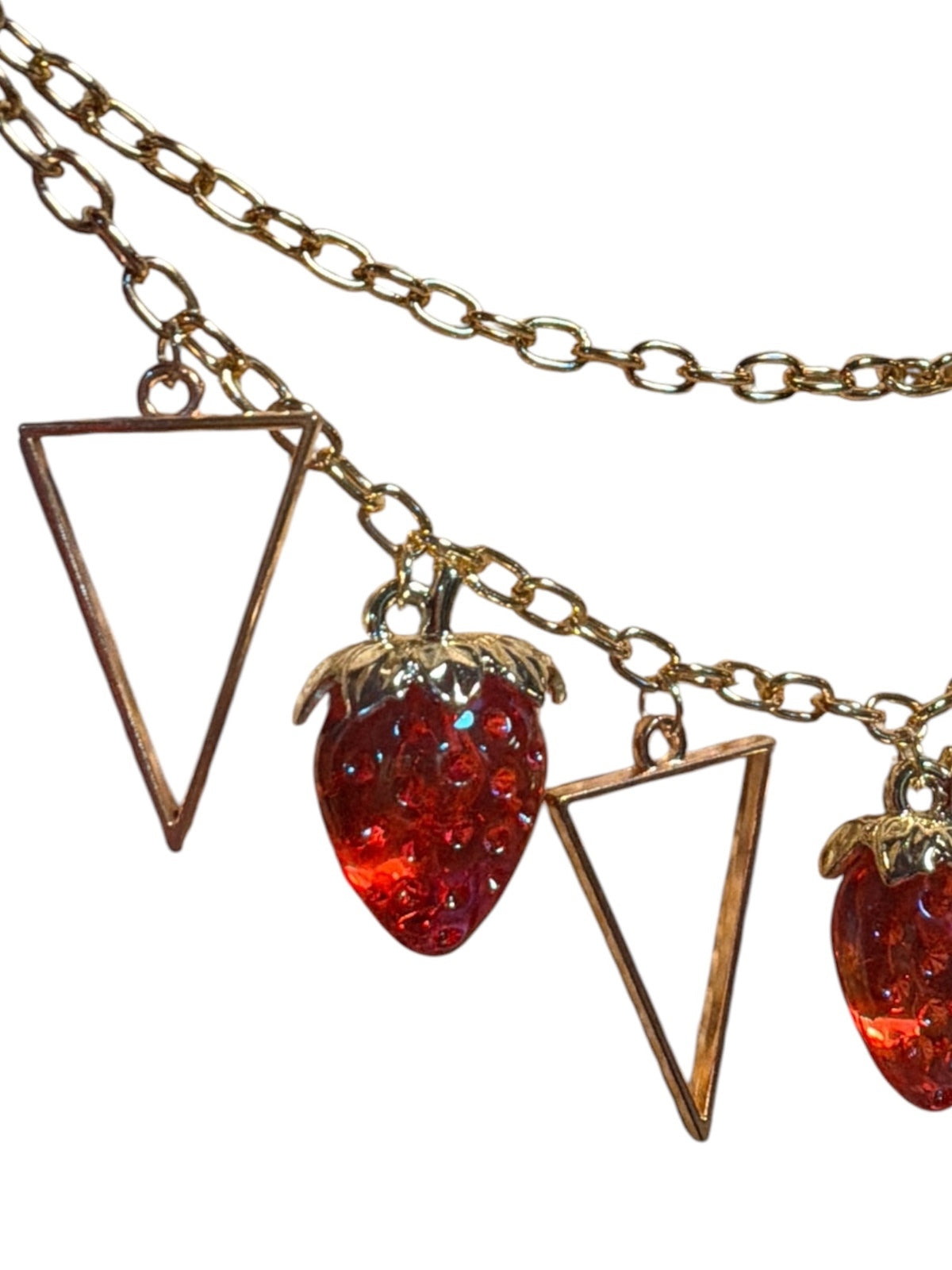 Gold Tone Double-Chain Bag Charm with Red Strawberry and Triangle Charms