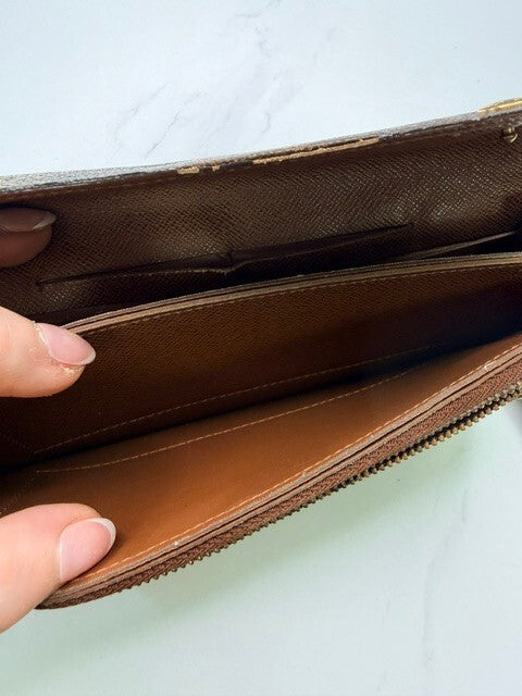 Louis Vuitton Vintage Monogram Canvas Long Wallet Wristlet Brown Gold Hardware