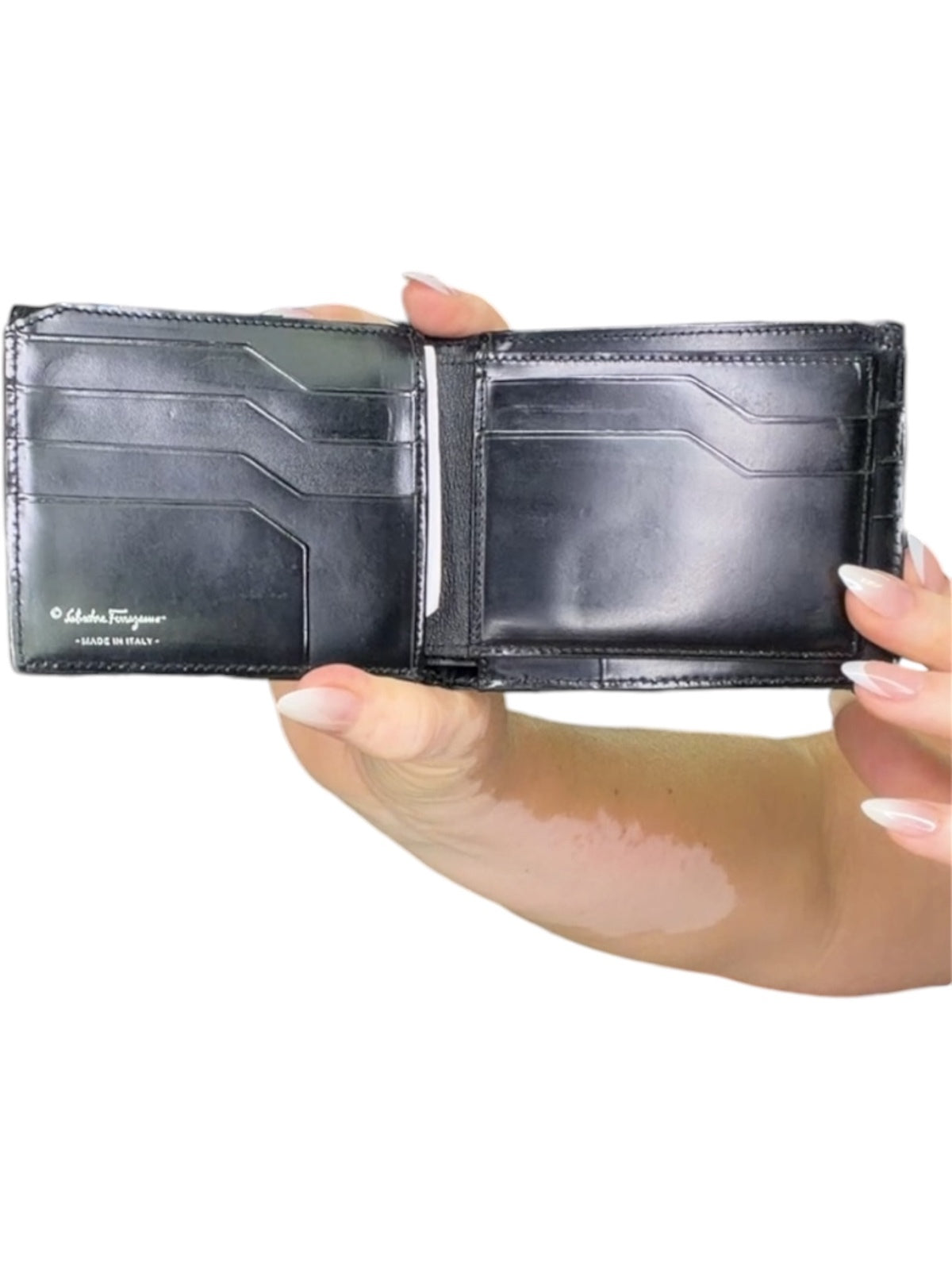 Salvatore Ferragamo Black Leather Bifold Wallet Silver Logo Made in Italy Men’s