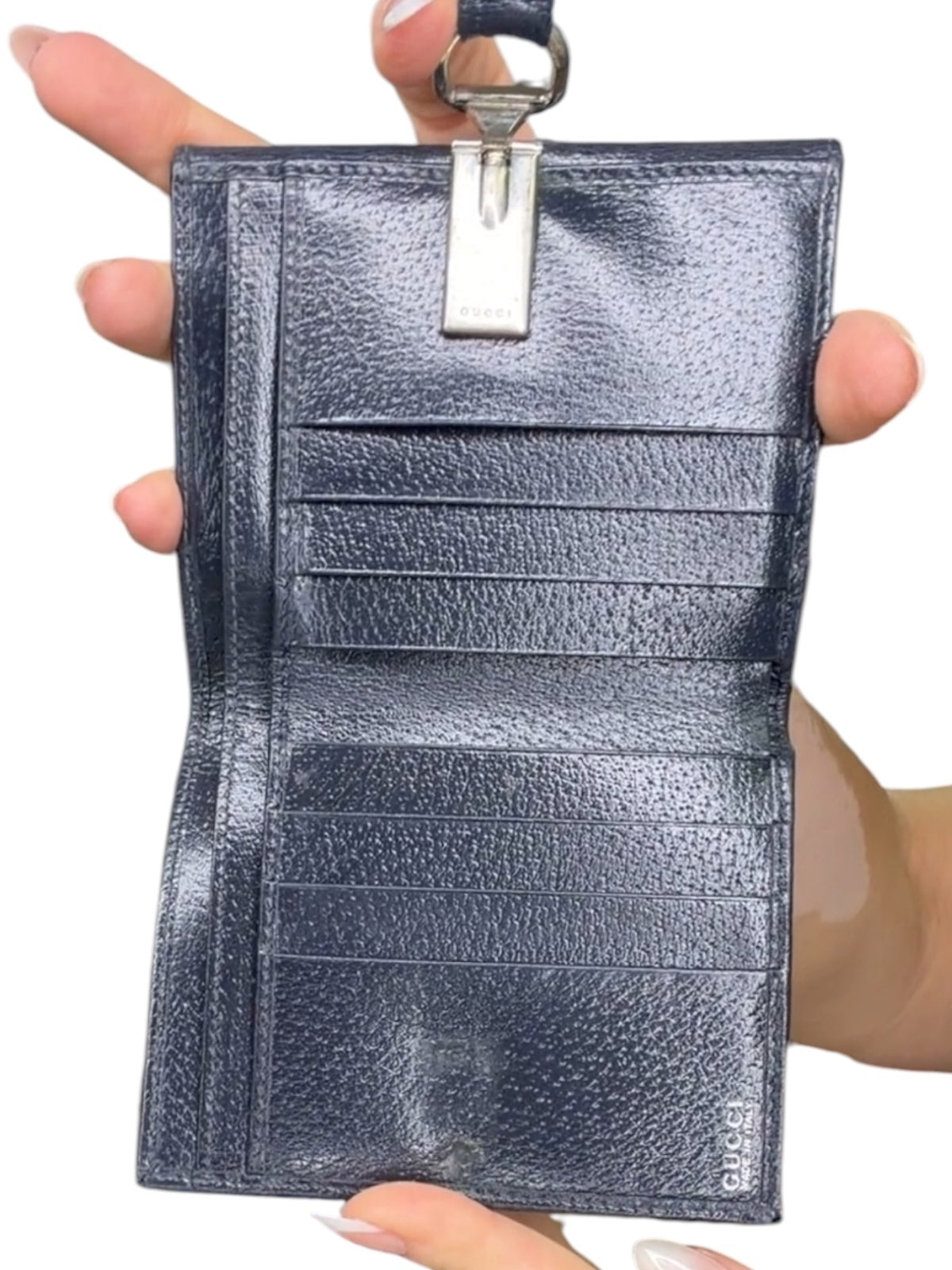 Gucci Vintage Navy Blue Leather Trifold Wallet Silver Hardware Made in Italy