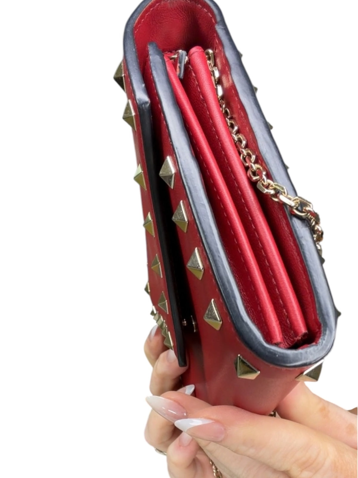 Valentino Garavani Rockstud Red Leather Crossbody Bag with Gold Chain
