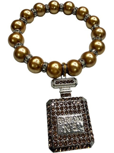 Gold Tone Beaded Bracelet with Parfum No 5 Charm