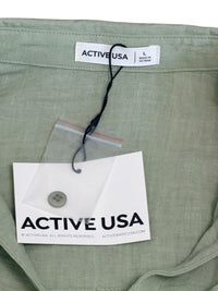 Active USA Two-Piece Button-Up Shirt and Elastic Waist Shorts Set in Sage Green,