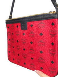 MCM Red Visetos Coated Canvas Zip Wristlet Clutch Pouch Black Trim Gold Hardware