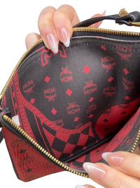 MCM Red Visetos Coated Canvas Zip Wristlet Clutch Pouch Black Trim Gold Hardware