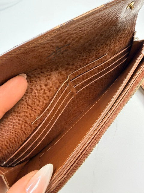Louis Vuitton Vintage Monogram Canvas Long Wallet Wristlet Brown Gold Hardware