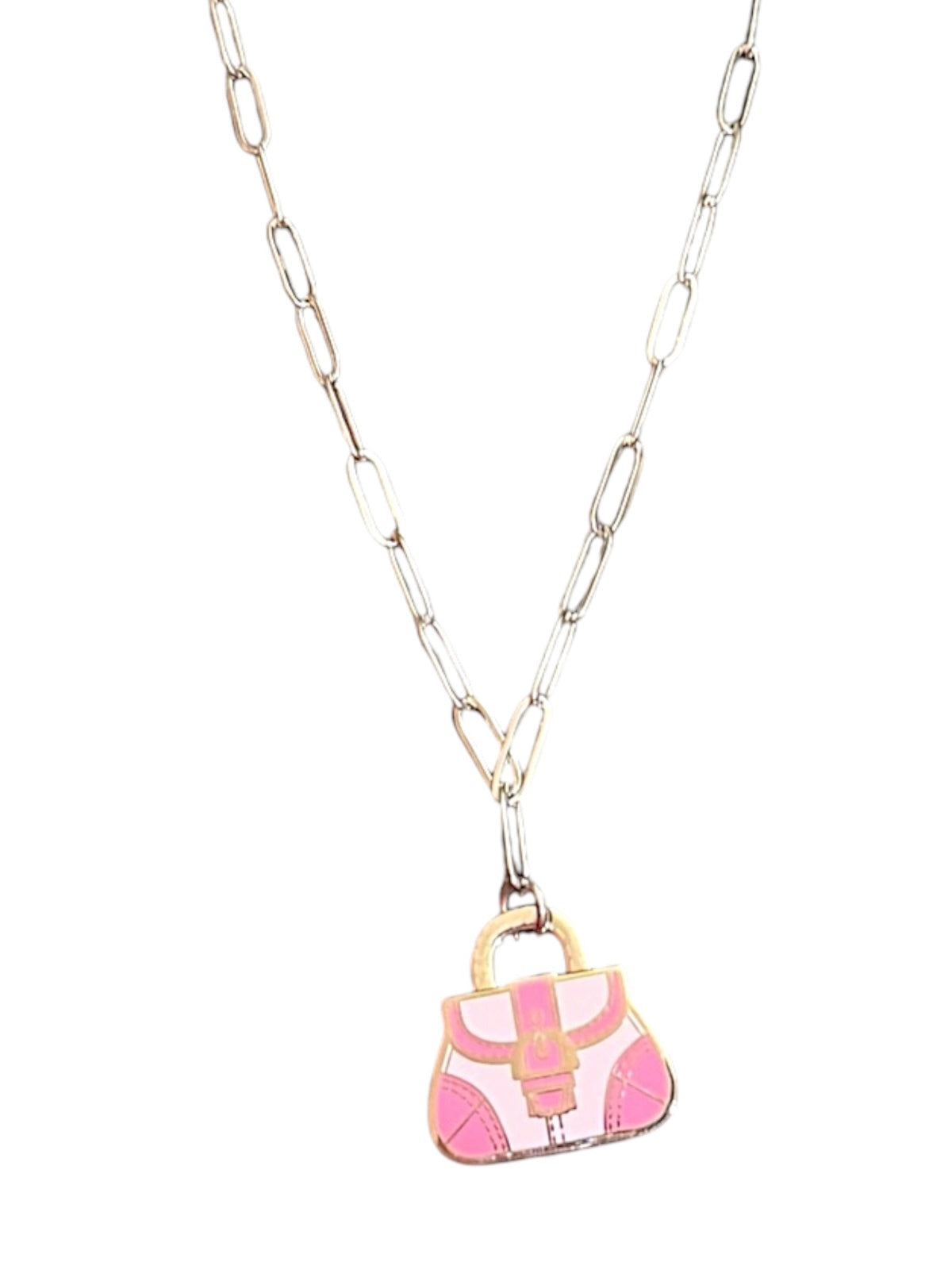 Coach Pink Handbag Charm Necklace Silver tone paperclip Chain toggle closure