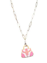 Coach Pink Handbag Charm Necklace Silver tone paperclip Chain toggle closure