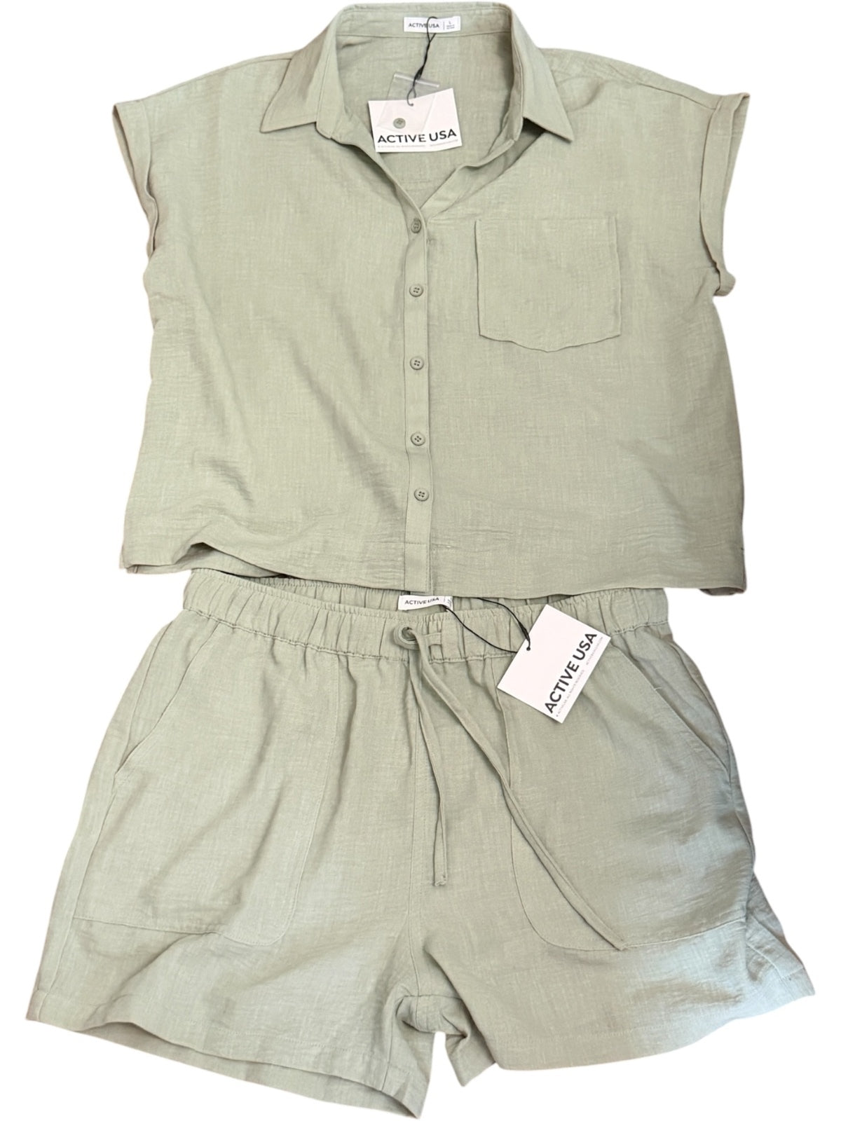 Active USA Two-Piece Button-Up Shirt and Elastic Waist Shorts Set in Sage Green,