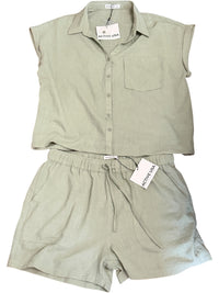 Active USA Two-Piece Button-Up Shirt and Elastic Waist Shorts Set in Sage Green,