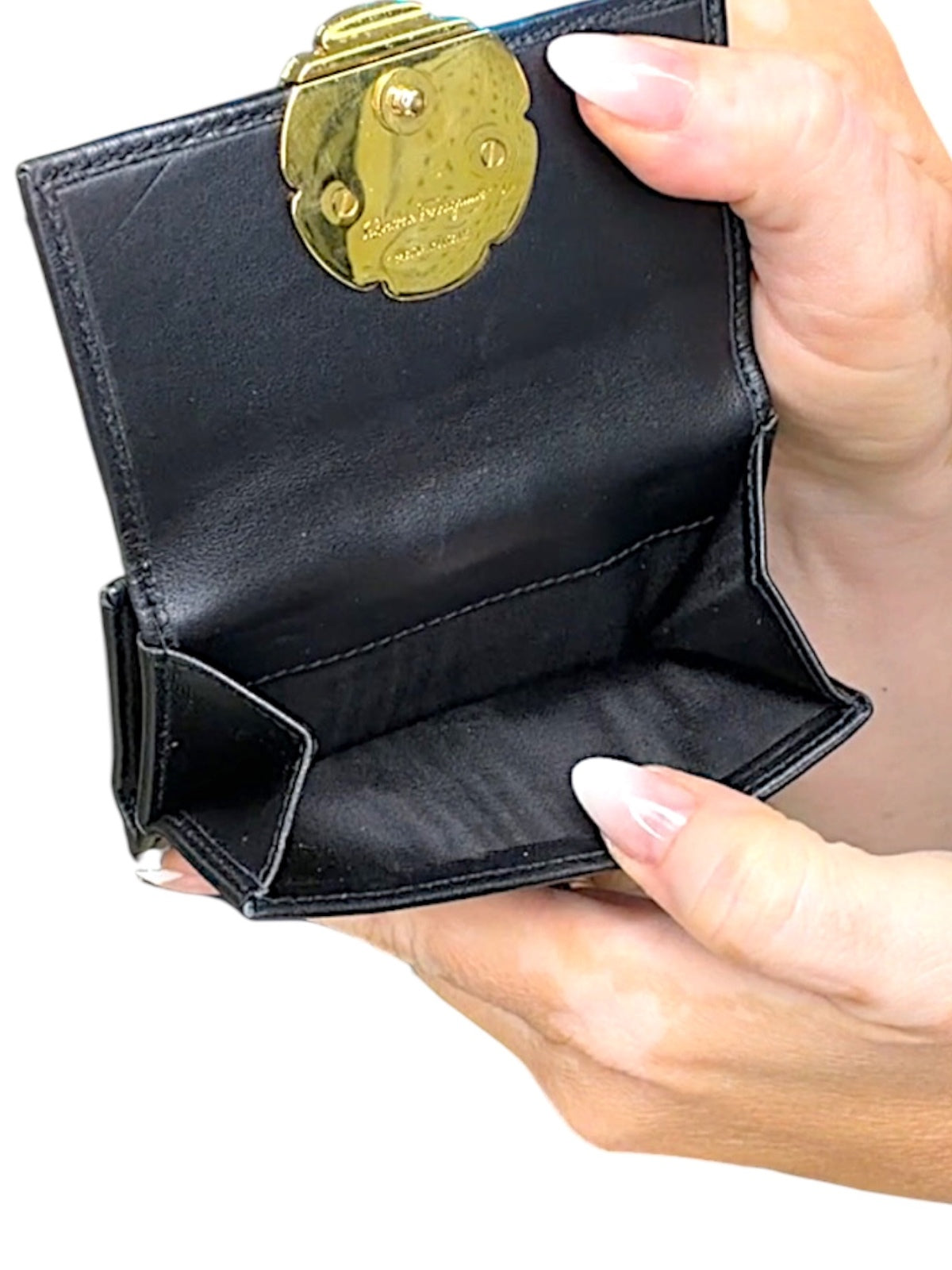 Salvatore Ferragamo Black Leather Wallet with Pink and Gold Flower Accent