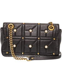 Gucci GG Marmont Quilted Black Leather Shoulder Bag with Pearl and Gold Studs