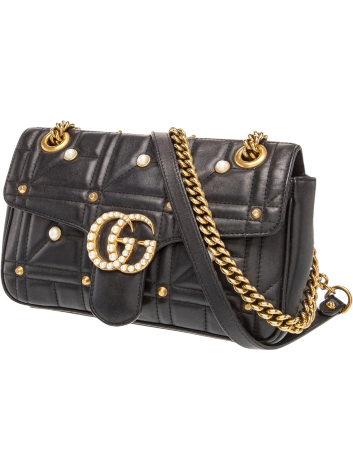 Gucci GG Marmont Quilted Black Leather Shoulder Bag with Pearl and Gold Studs