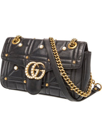 Gucci GG Marmont Quilted Black Leather Shoulder Bag with Pearl and Gold Studs