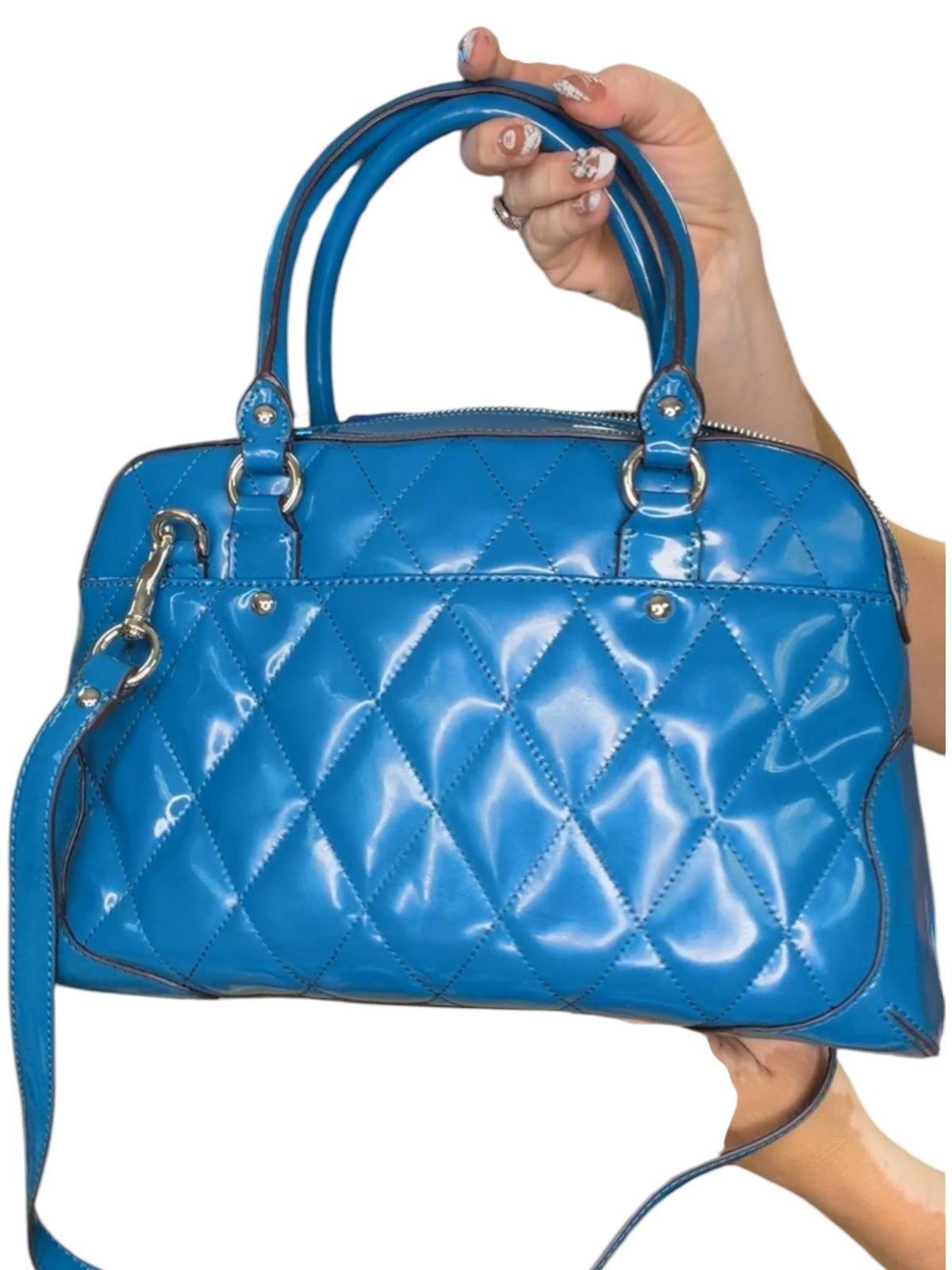 Coach Blue Quilted Patent Leather Satchel Bag with Chain Strap