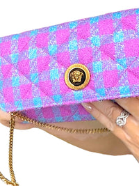 Versace La Medusa Bouclé Quilted Tweed Wallet on Chain Pink Blue Gold Crossbody