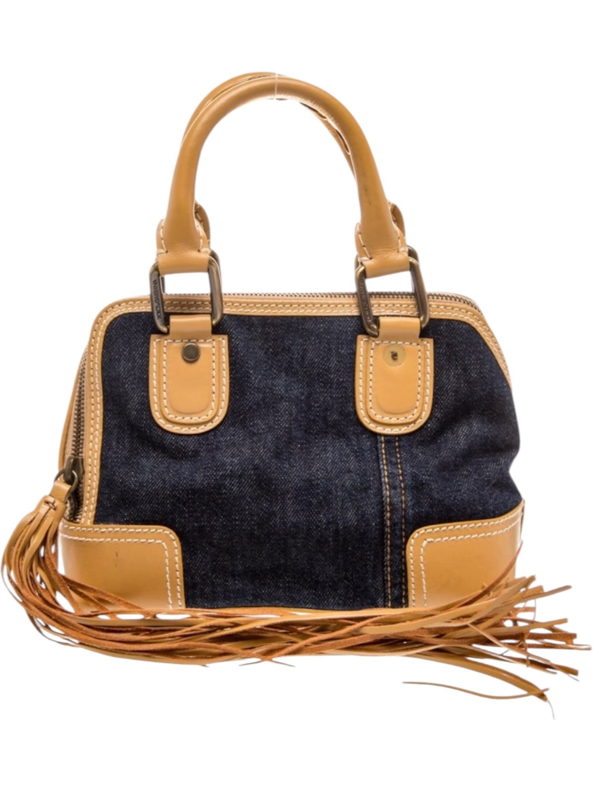 Dolce & Gabbana Blue Denim and Tan Leather Handbag with Leopard Print Lining and Fringe Detail - Very Good Condition