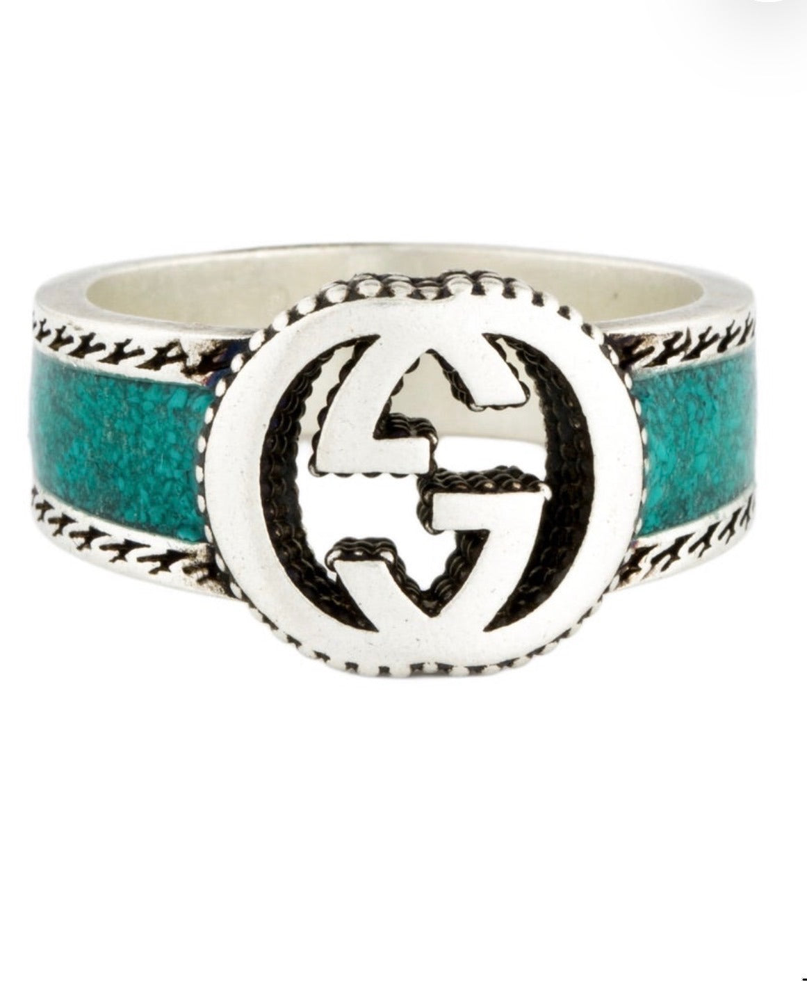 Gucci Interlocking G Ring Sterling Silver Turquoise Enamel Band size 9.25