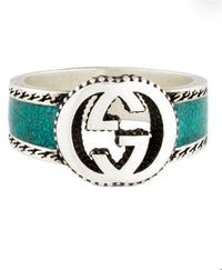 Gucci Interlocking G Ring Sterling Silver Turquoise Enamel Band size 9.25