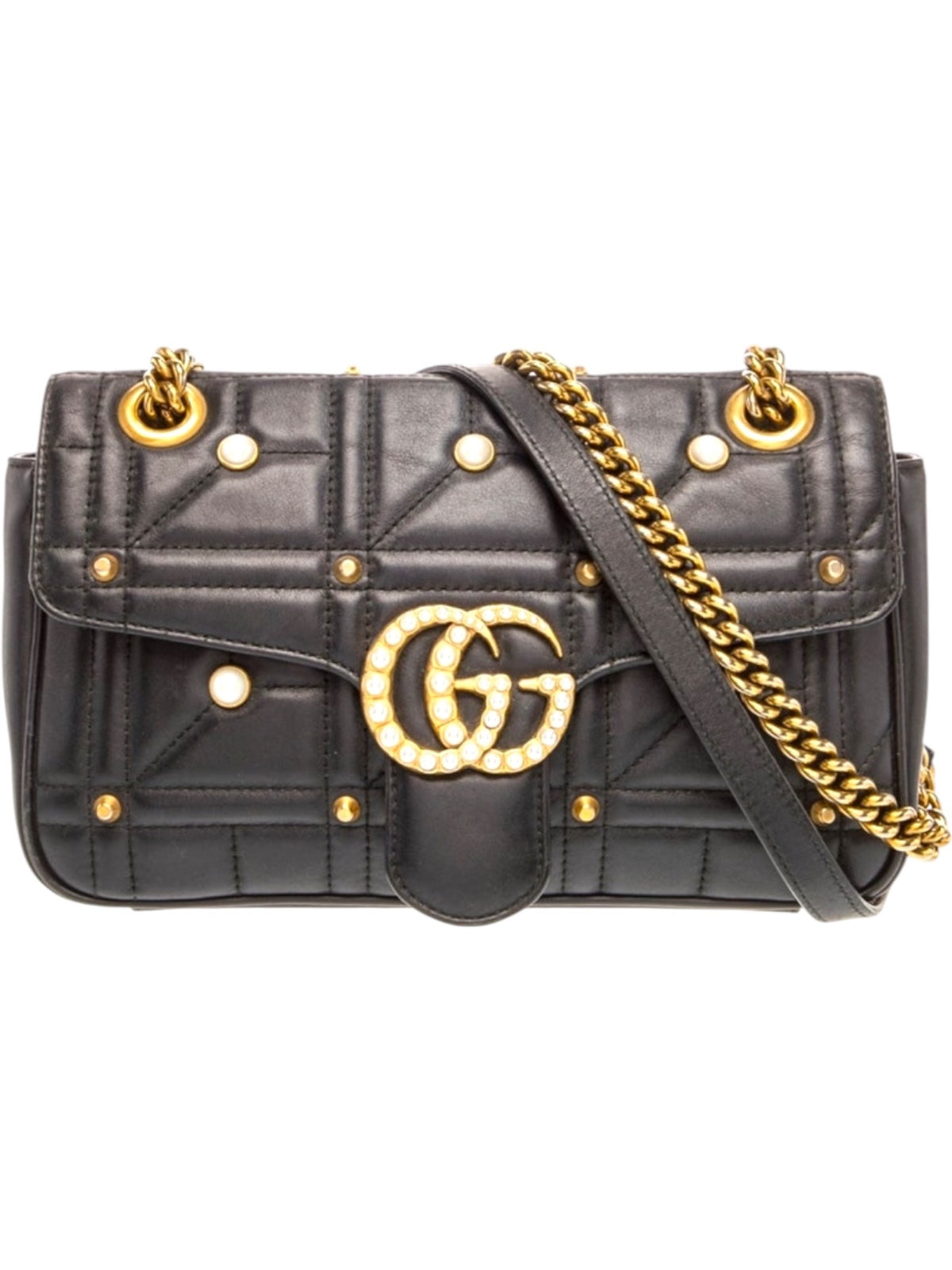 Gucci GG Marmont Quilted Black Leather Shoulder Bag with Pearl and Gold Studs