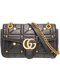 Gucci GG Marmont Quilted Black Leather Shoulder Bag with Pearl and Gold Studs