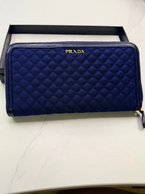 Prada Royal Blue Quilted Nylon Leather Zip Around Continental Wallet
