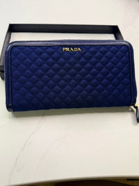 Prada Royal Blue Quilted Nylon Leather Zip Around Continental Wallet