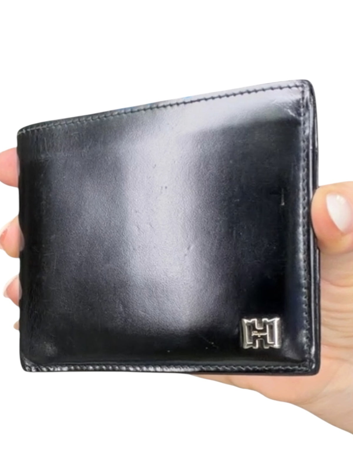 Salvatore Ferragamo Black Leather Bifold Wallet Silver Logo Made in Italy Men’s