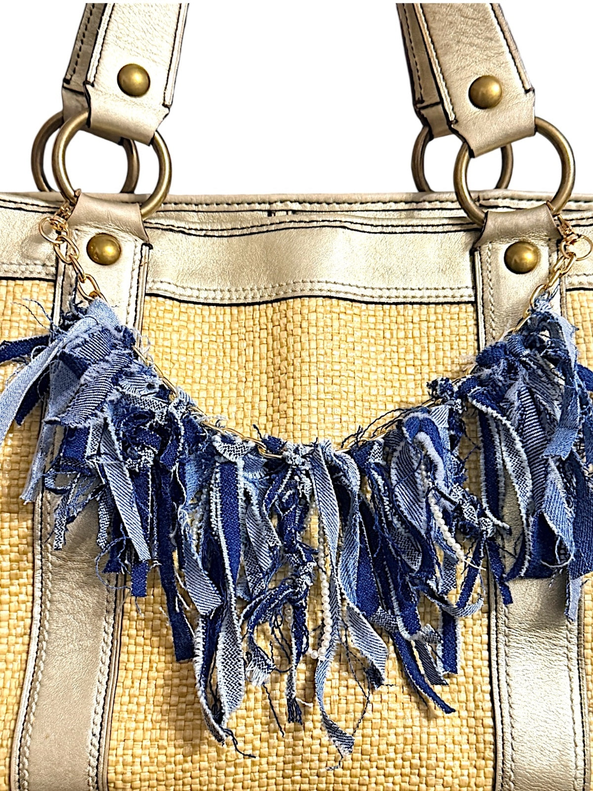 Boho Denim Purse Chain Charm Gold Pearl Fringe
