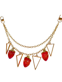 Gold Tone Double-Chain Bag Charm with Red Strawberry and Triangle Charms