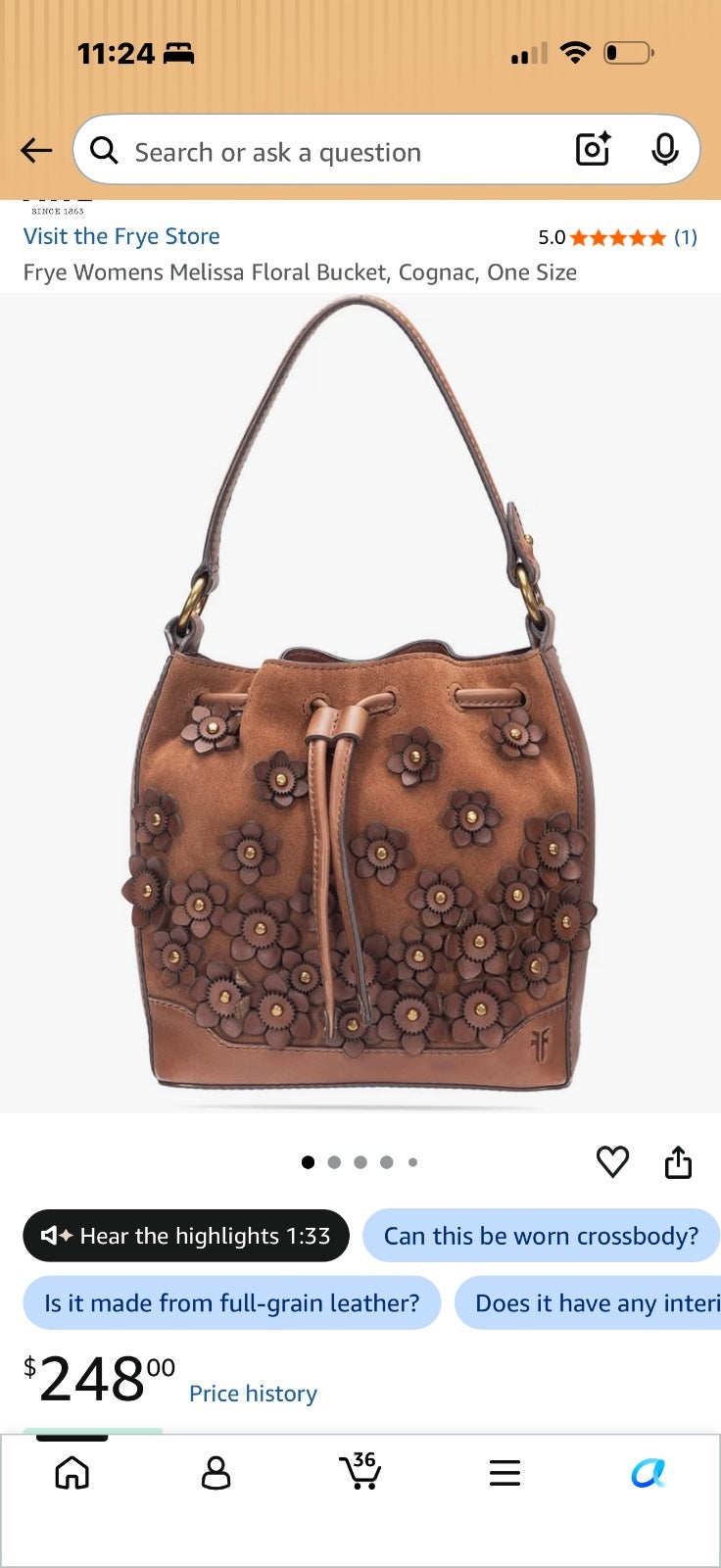 Frye Womens Melissa Floral Bucket Bag Cognac Crossbody New with Tags