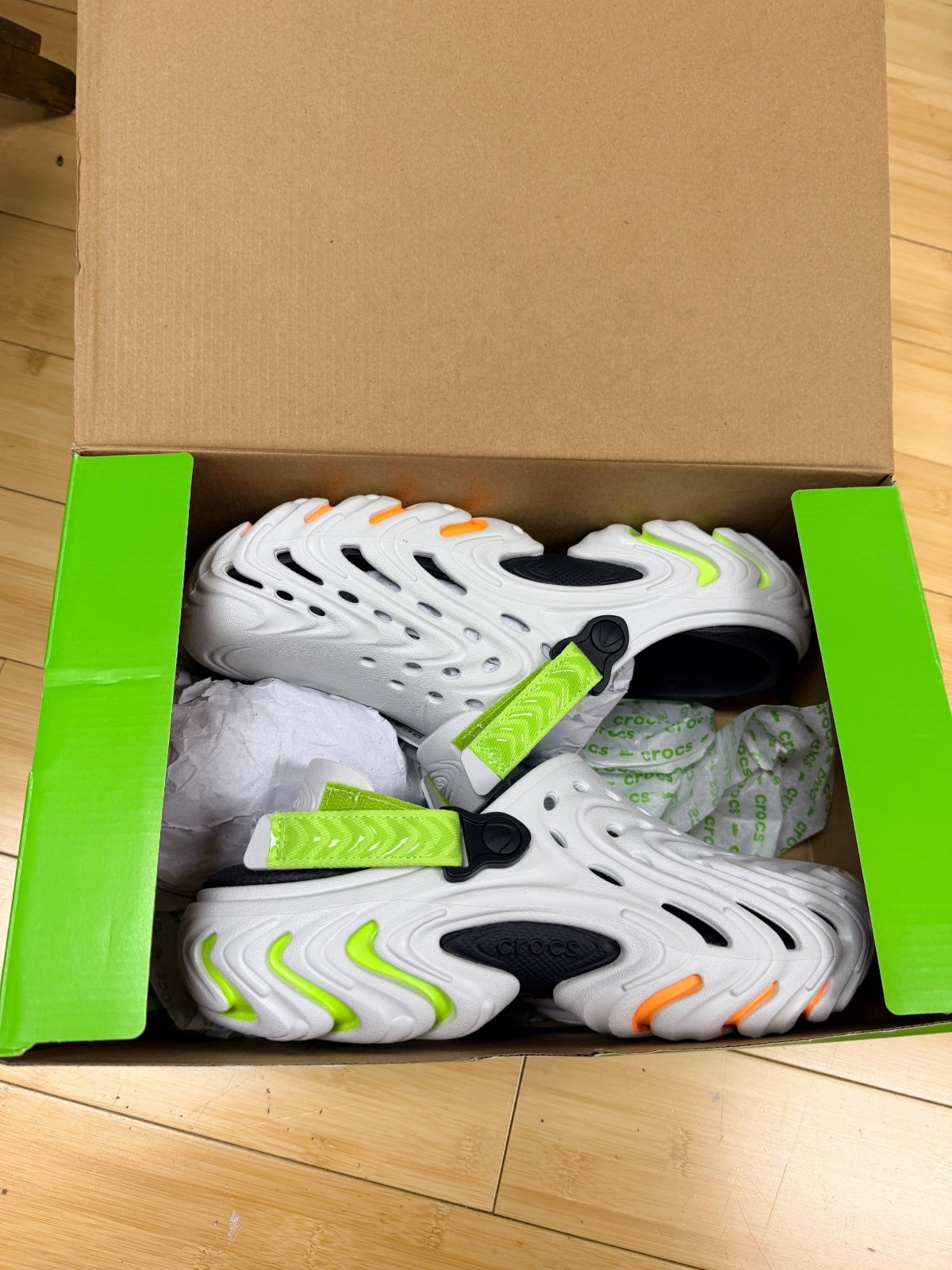 Crocs Men's White and Neon Green Classic Clog Sandals Size 10