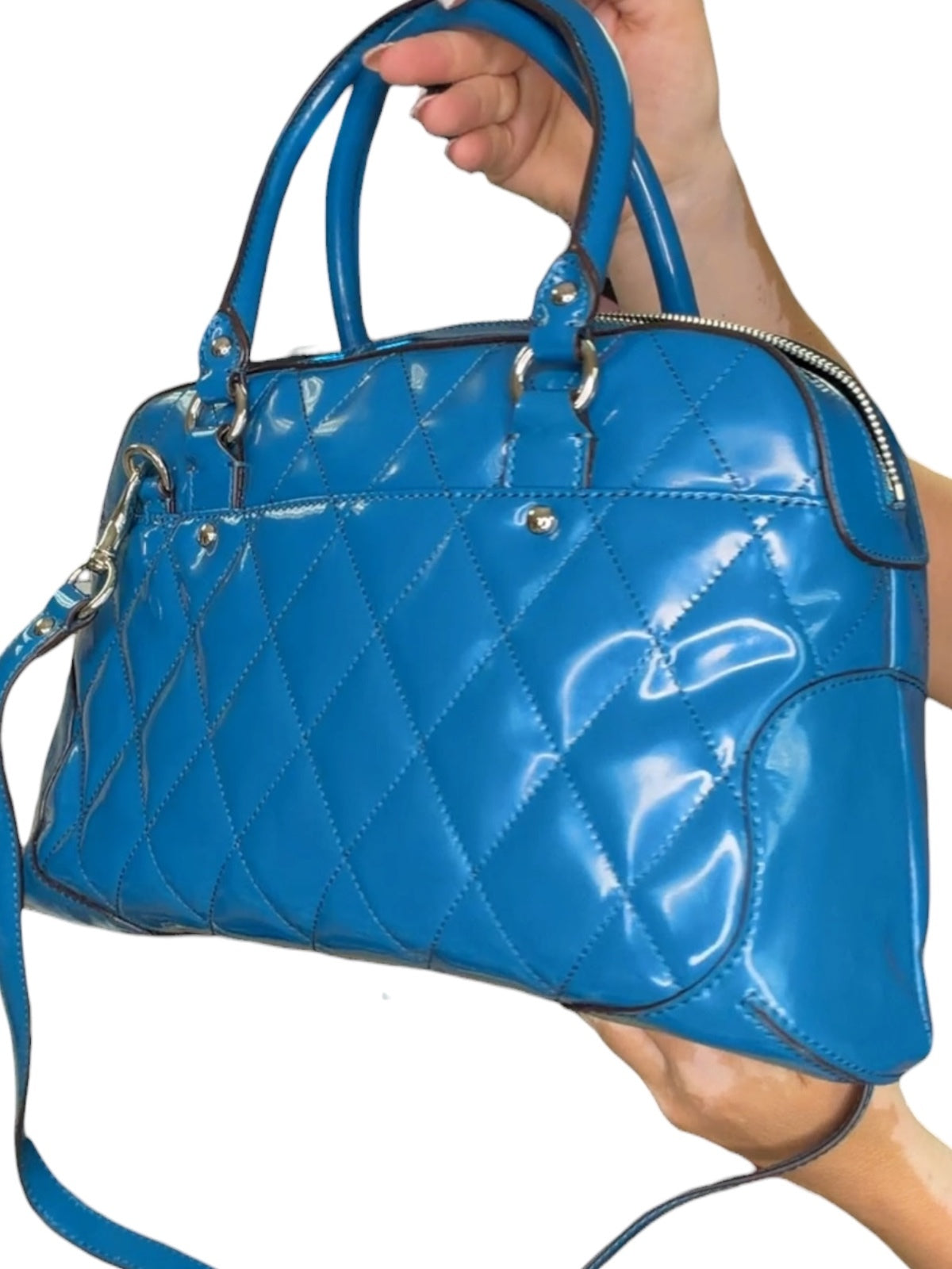 Coach Blue Quilted Patent Leather Satchel Bag with Chain Strap
