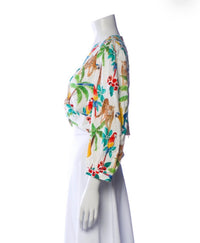 Farm Rio Tropical Print Cropped Blouse with Puff Sleeves and Front Ring Detail,