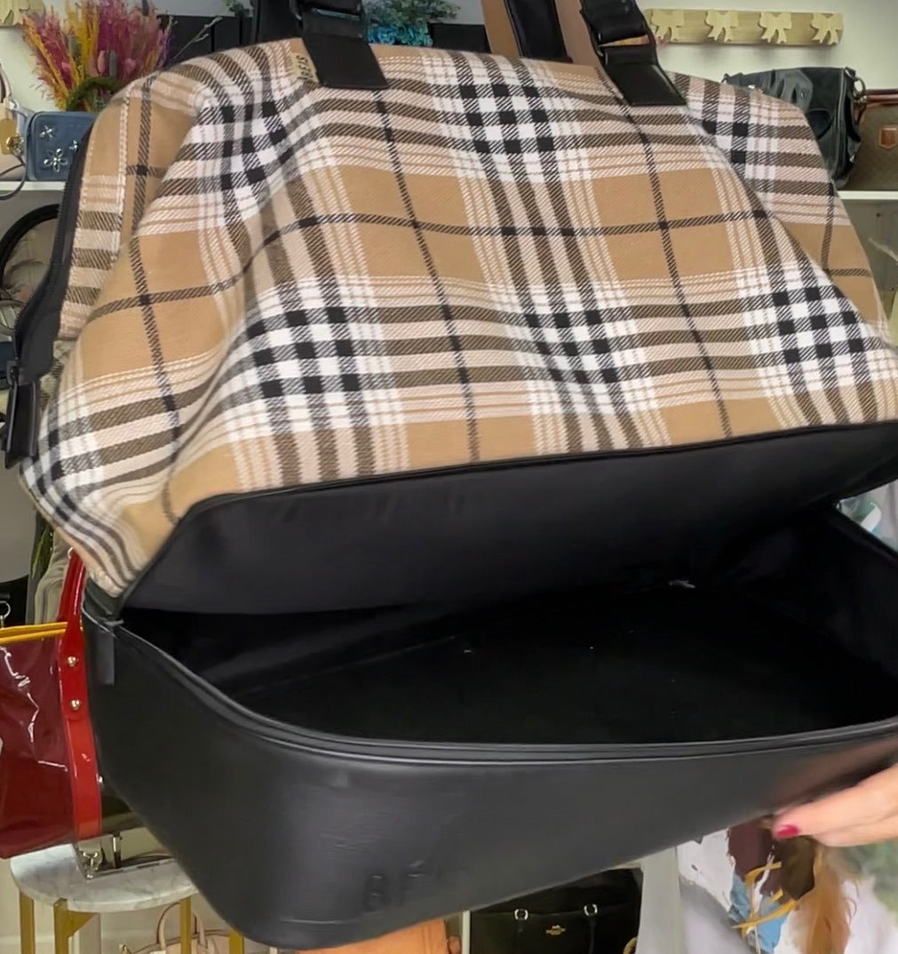 BEIS The Weekender Plaid Travel Bag Carry On Overnight Luggage Shoe Compartment