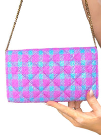 Versace La Medusa Bouclé Quilted Tweed Wallet on Chain Pink Blue Gold Crossbody