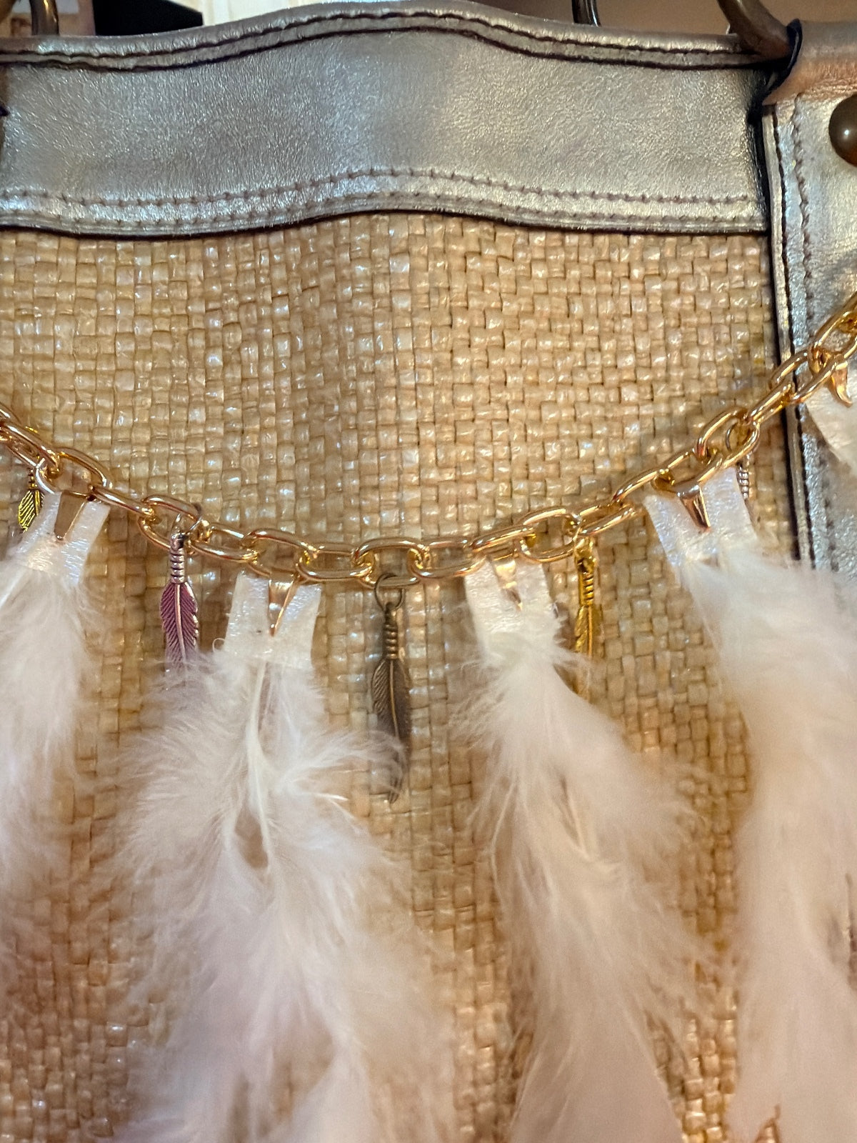 Boho Feather Handbag Purse Charm Chain Gold Tone