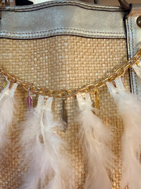 Boho Feather Handbag Purse Charm Chain Gold Tone