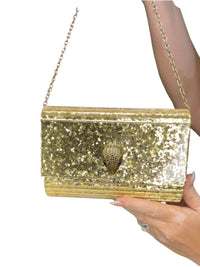 Kurt Geiger London Gold Glitter Acrylic Eagle Head Crossbody Clutch NWOT