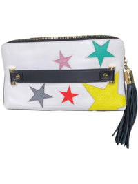 MILLY Leather Star Appliqué Zip Around Clutch Wristlet White Black Tassel Pouch